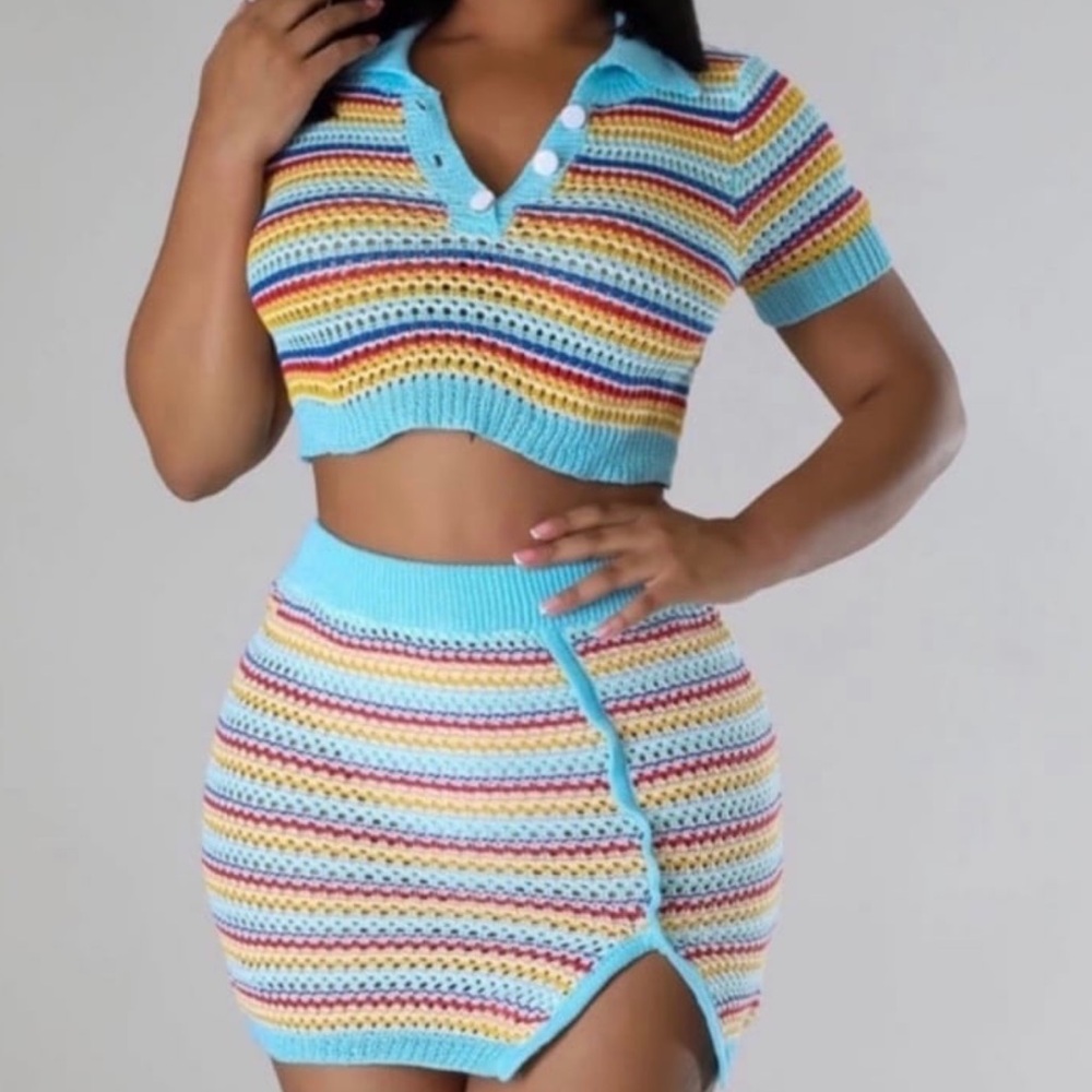Boutique | Blue Mini Knit Skirt Set